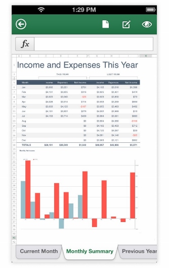 Income Expenses data table and chart